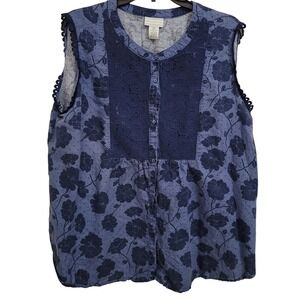 Liz Claiborne Blue Floral Lace Cap Sleeve Button Front Top XXL
